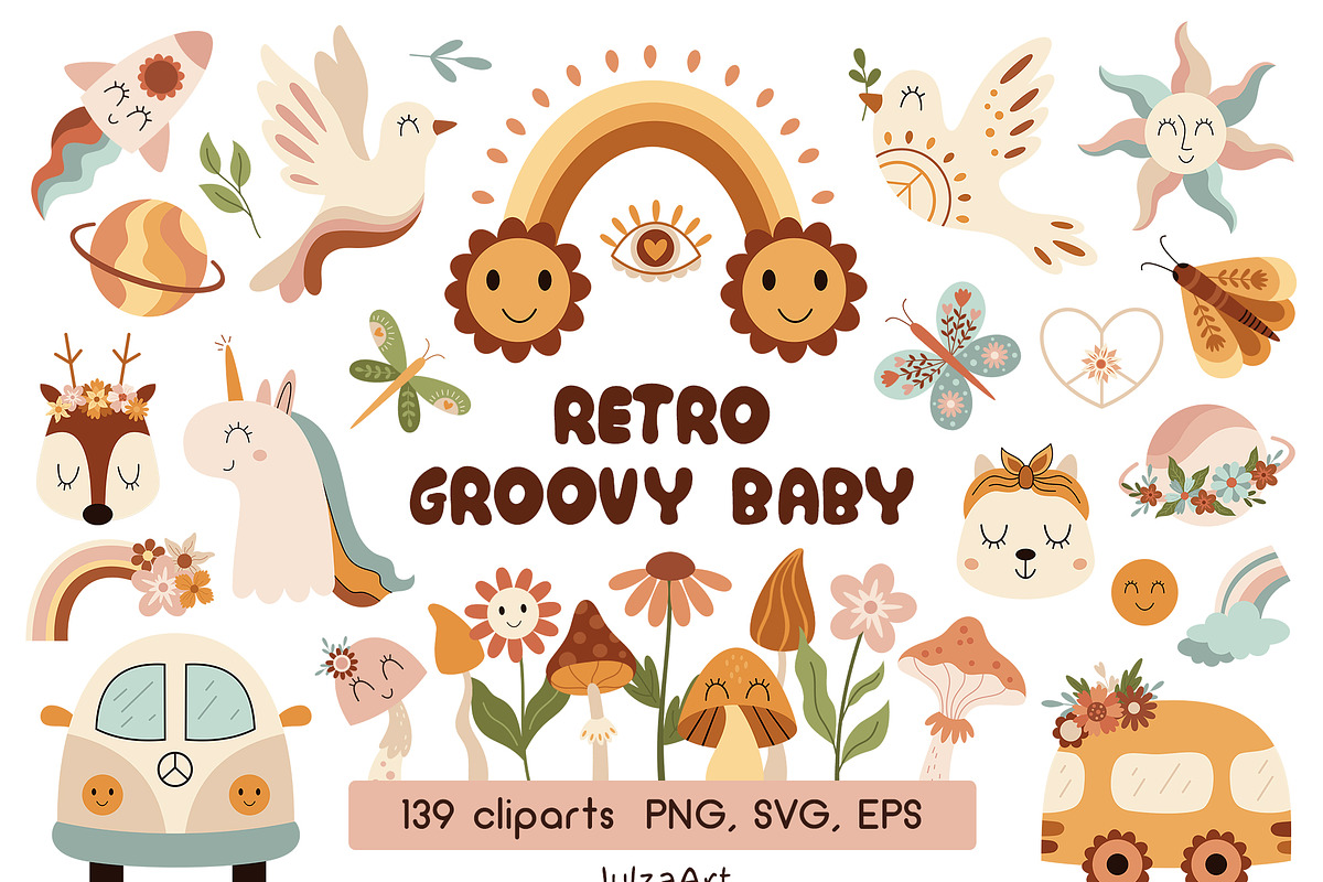 Retro groovy baby clipart, a Seasonal Illustration by JulzaArt (Photo 1 of 7)