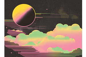 Retro sunset with clouds & moon, an Illustration by Beautiful things