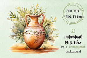 Watercolor Olive Clay Jugs Clipart