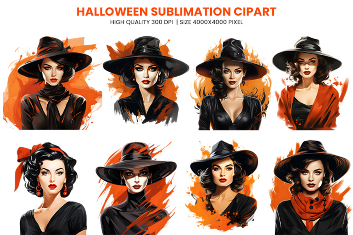 Halloween Retro Lady Clipart Bundle, a Seasonal Illustration by Creative Arslan (Photo 2 of 7)