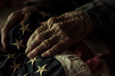 senior man grasping a US flag, generative AI, a Photo by Nito
