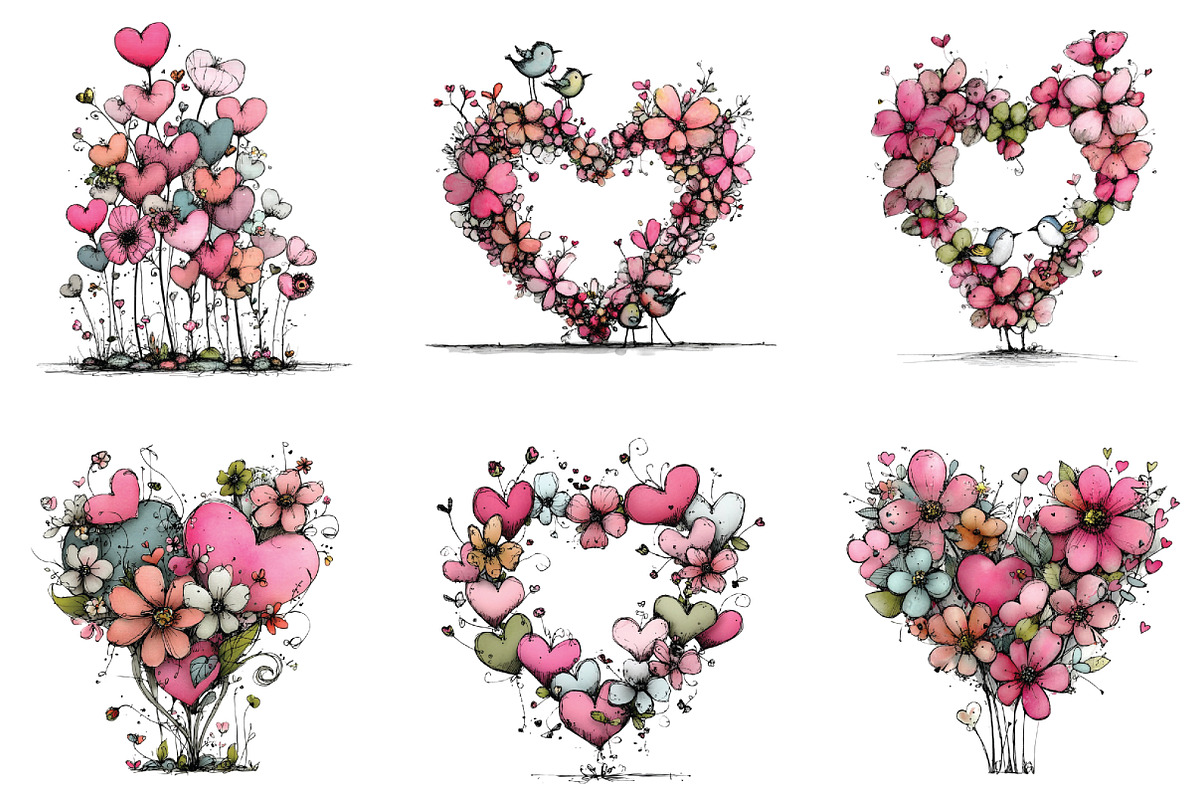 Whimsical Floral Hearts Clipart, an Illustration by CraftArtStudio (Photo 3 of 6)