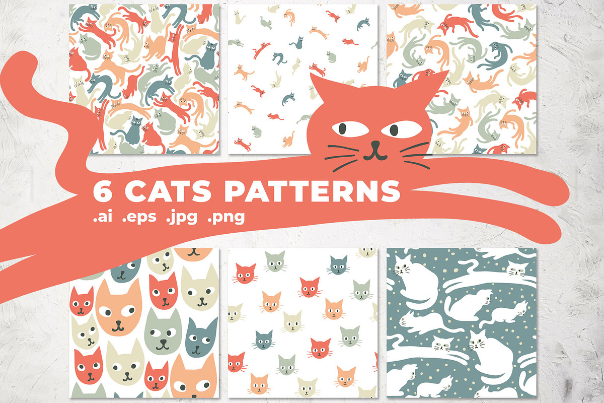 6 patterns with funny cats, a Pattern Graphic by pineart (Photo 1 of 4)