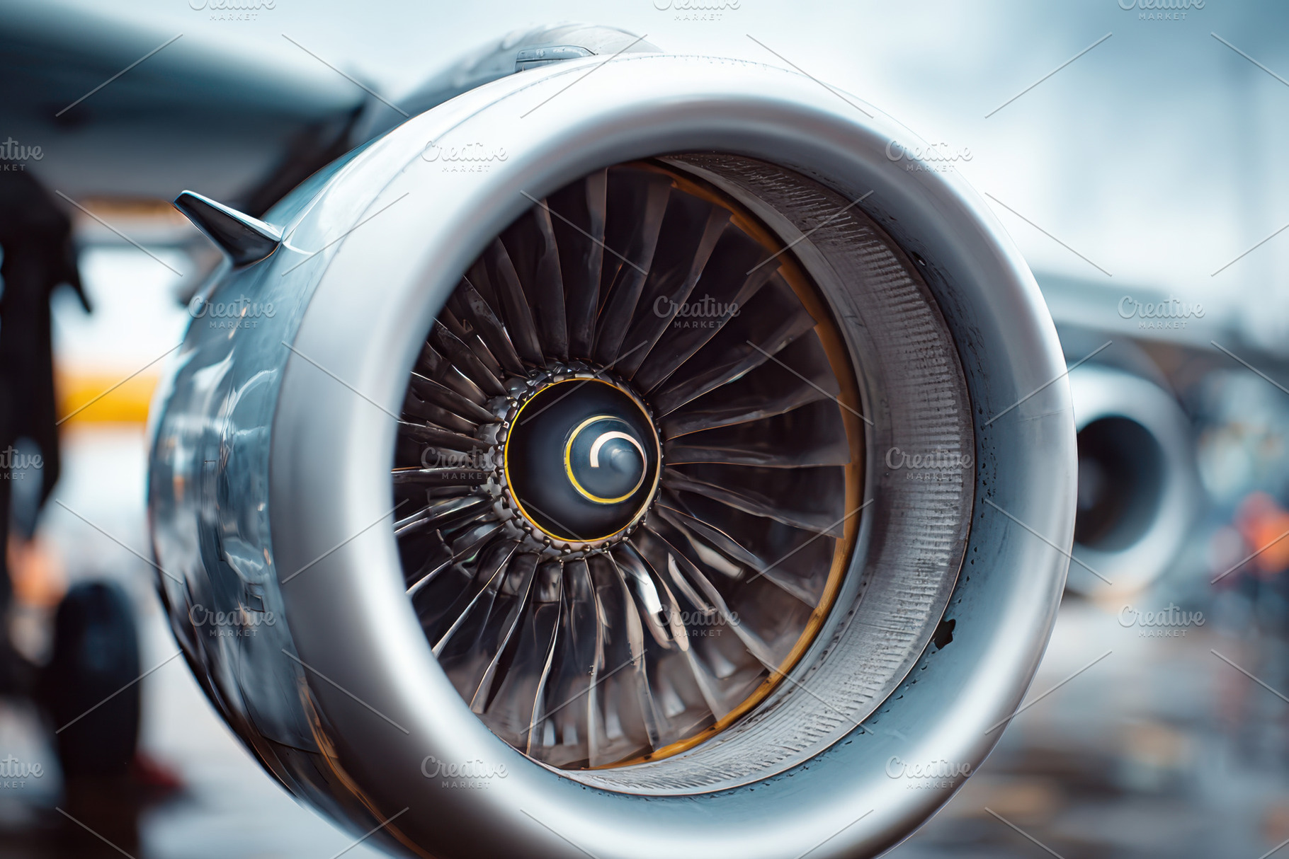 Closeup photo of airplane engine, a Transportation Photo by AlyaAnd