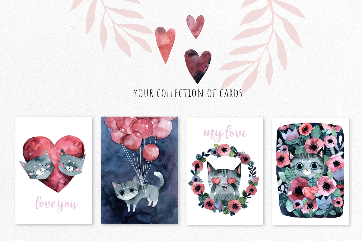 Watercolor Cats. Valentine's Day set, a Graphic by Noli Molly Store
