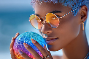 Woman with colorful ball enjoys sunny day by the beach in summer, a Person Photo by AlyaAnd