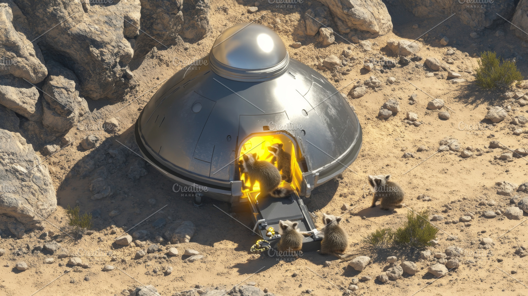 Raccoons explore futuristic UFO, a Photo by Dvoevnore photos