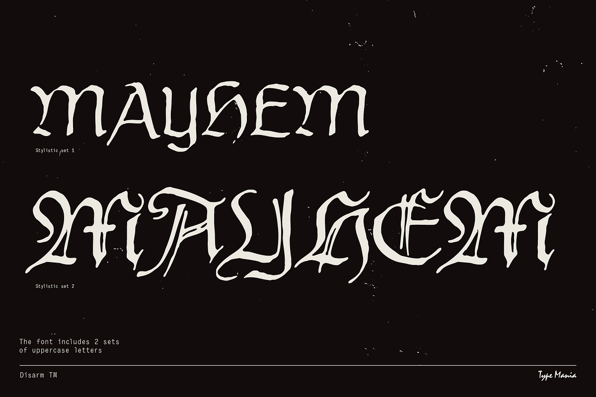 Disarm TM – Distressed Fraktur, a Blackletter Font by Type Mania (Photo 3 of 10)