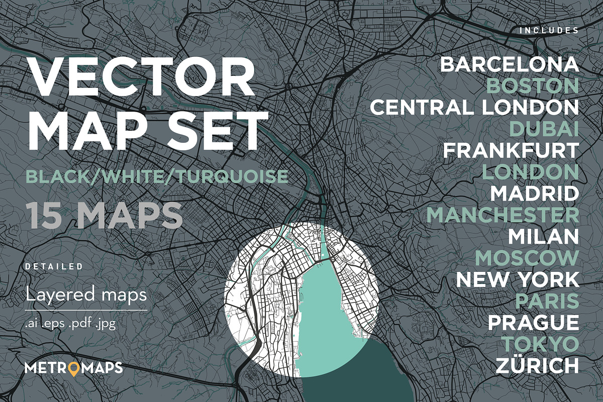 MAP SET - Black/Turquoise - 15 Maps, a Graphic by MetroMaps (Photo 1 of 16)