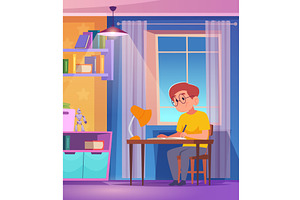 Student homework. boy sitting at, a Person Illustration by Onyx
