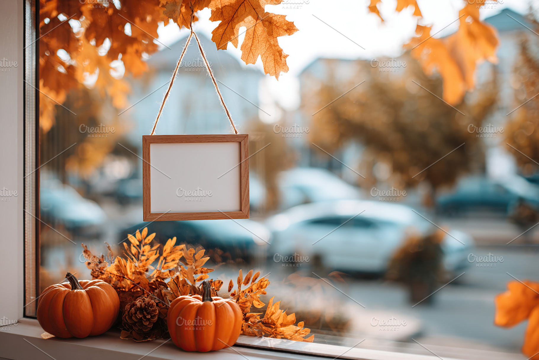 Cozy autumn window display with pumpkins and seasonal foliage in a quaint neigh, a Photo by AlyaAnd