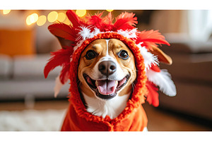 A cheerful dog wears a red and white, an Animal Photo by Igor Tichonow