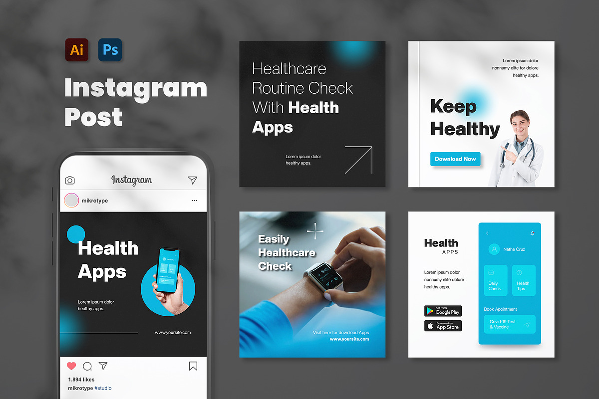 Health Apps Instagram Post, a Social Media Template by MikroType Std (Photo 1 of 4)