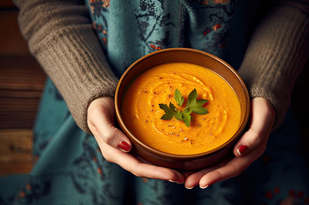 Female hands holding bowl of pumpkin, a Photo by Iftikhar Alam