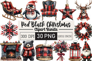 Red Black Christmas Clipart, an Illustration by Black Bird Studio
