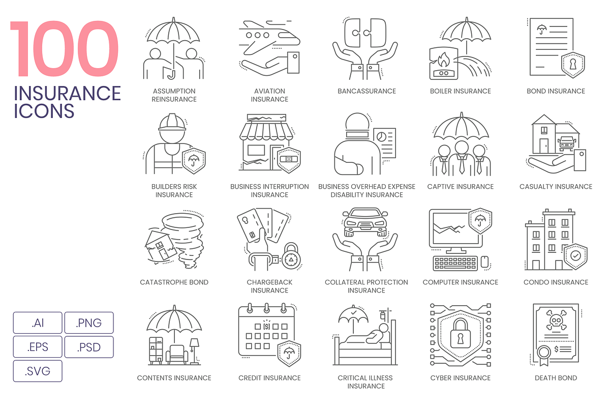 100 Insurance Line Icons, an Icon by Graphue