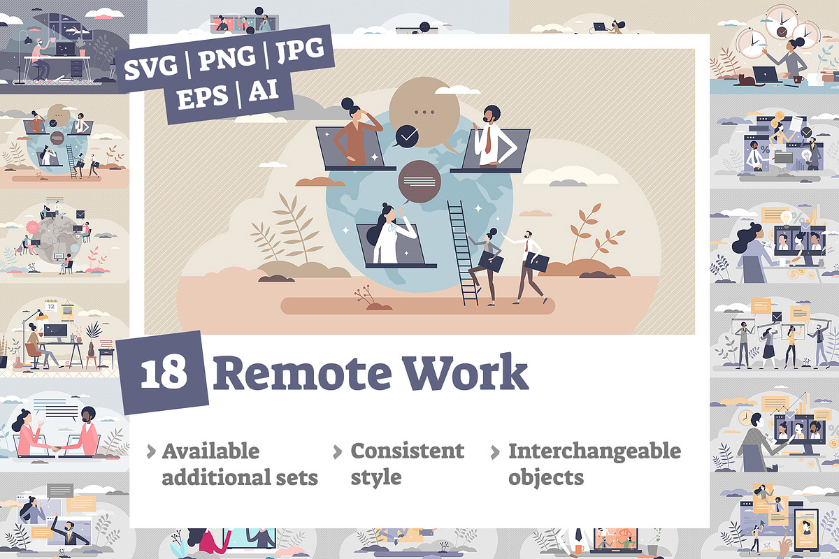18 Remote Work Concepts, a Person Illustration by VectorMine (Photo 1 of 8)
