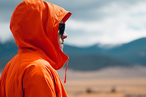 Man in a bright orange hooded jacket, a Person Photo by MistyDay
