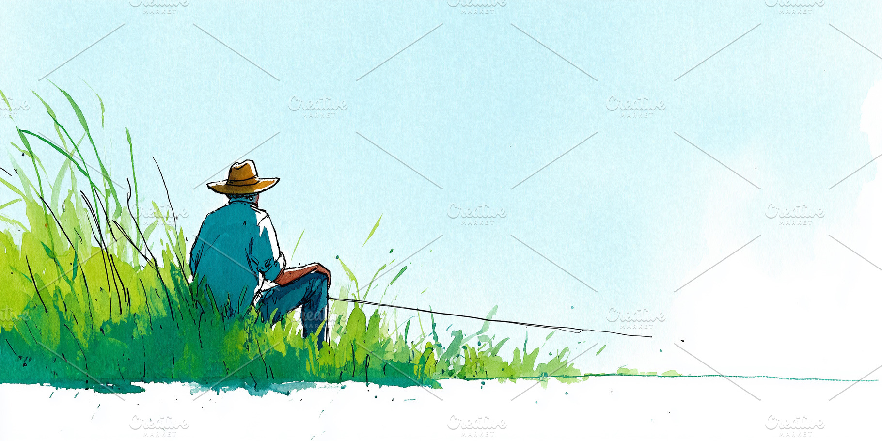 Serene watercolor fisherman sitting, a Person Photo by MistyDay