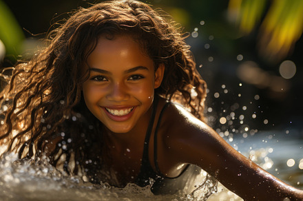 Portrait of a beautiful young african american surfer girl in th, a Person Photo by AS photostudio