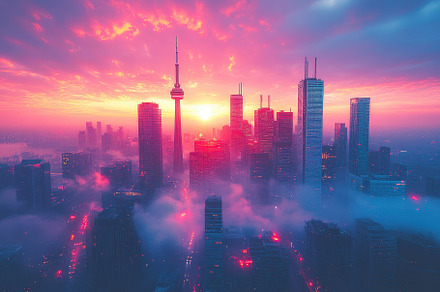 Vibrant sunset over a city skyline w, a Photo by Tanuart