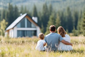 Happy family sits on grass in front, an Architecture Photo by MistyDay