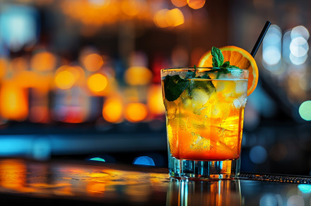 A glass filled with a colorful cockt, a Photo by Tanuart