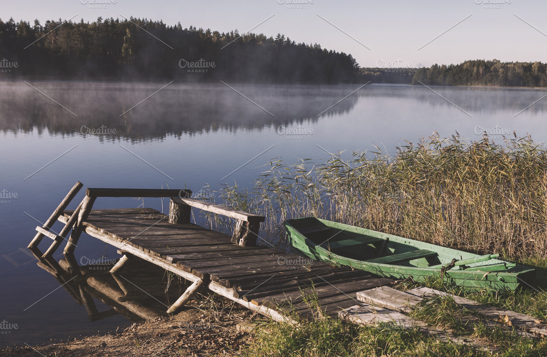 Foggy lake with bridge and boat, a Nature Photo by BOOCYS