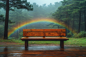 Beautiful rainbow and wooden bench in green forest, an Arts & Entertainment Photo by AlyaAnd