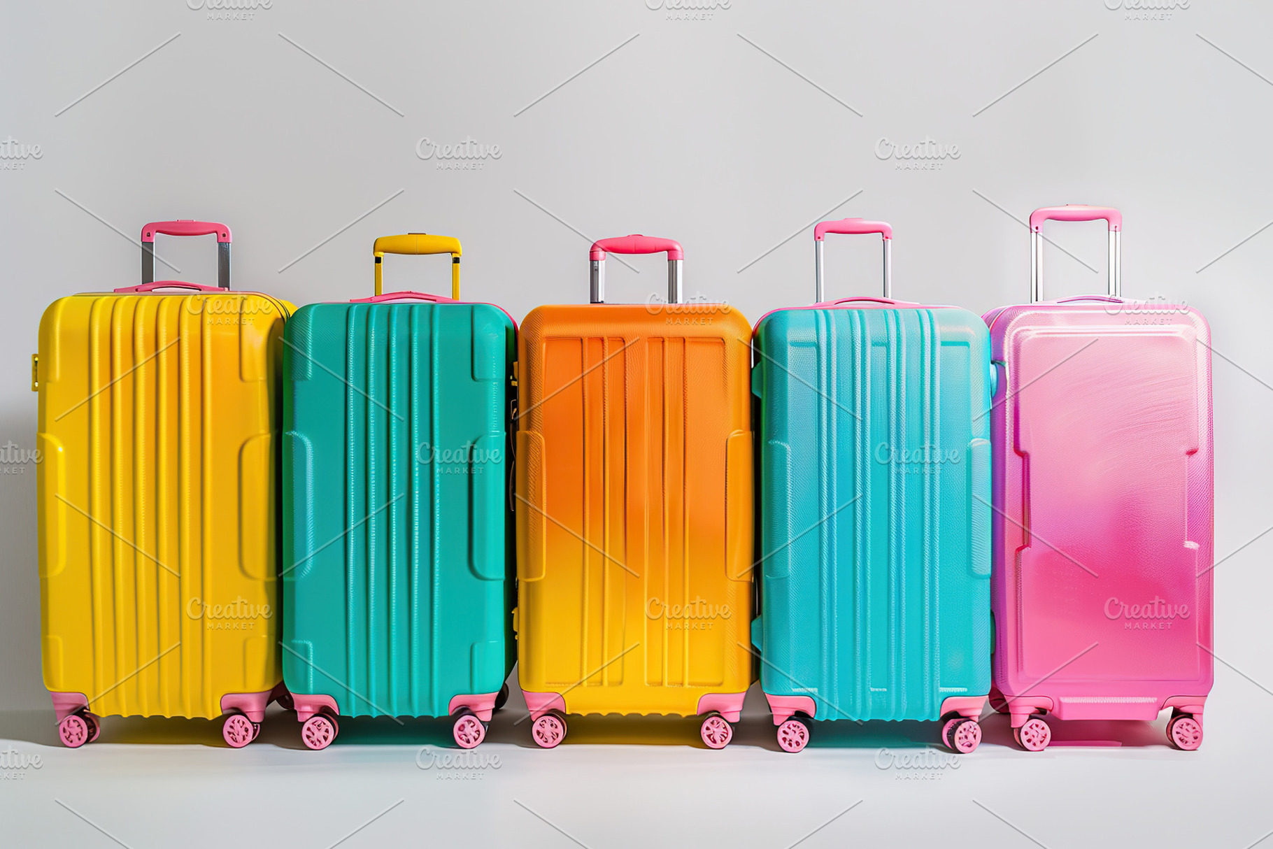 Different colorful luggage bags on white background. Travel conc, a Photo by AlyaAnd