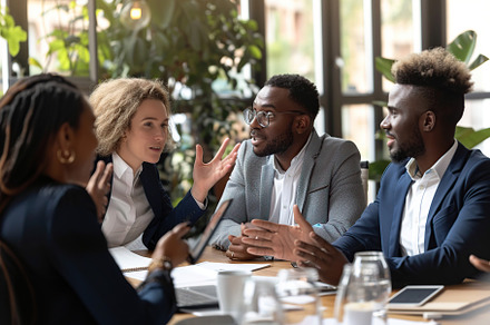 Portrait of business people standing as a team in modern office, a Business Photo by AlyaAnd