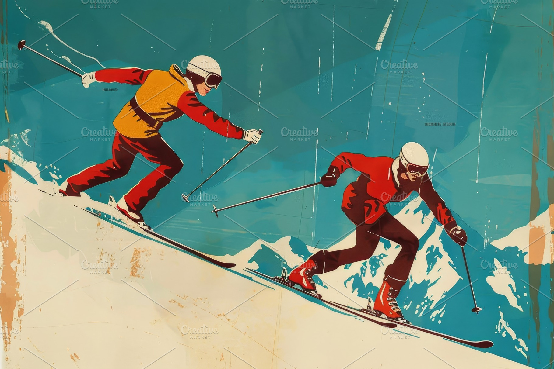 A painting depicting two skiers skii, a Photo by Iftikhar Alam