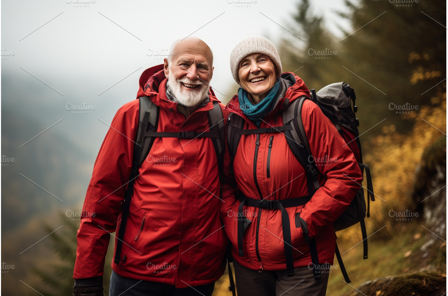 Happy senior couple on autumn hike, a Sports & Recreation Photo by Ylivdesign