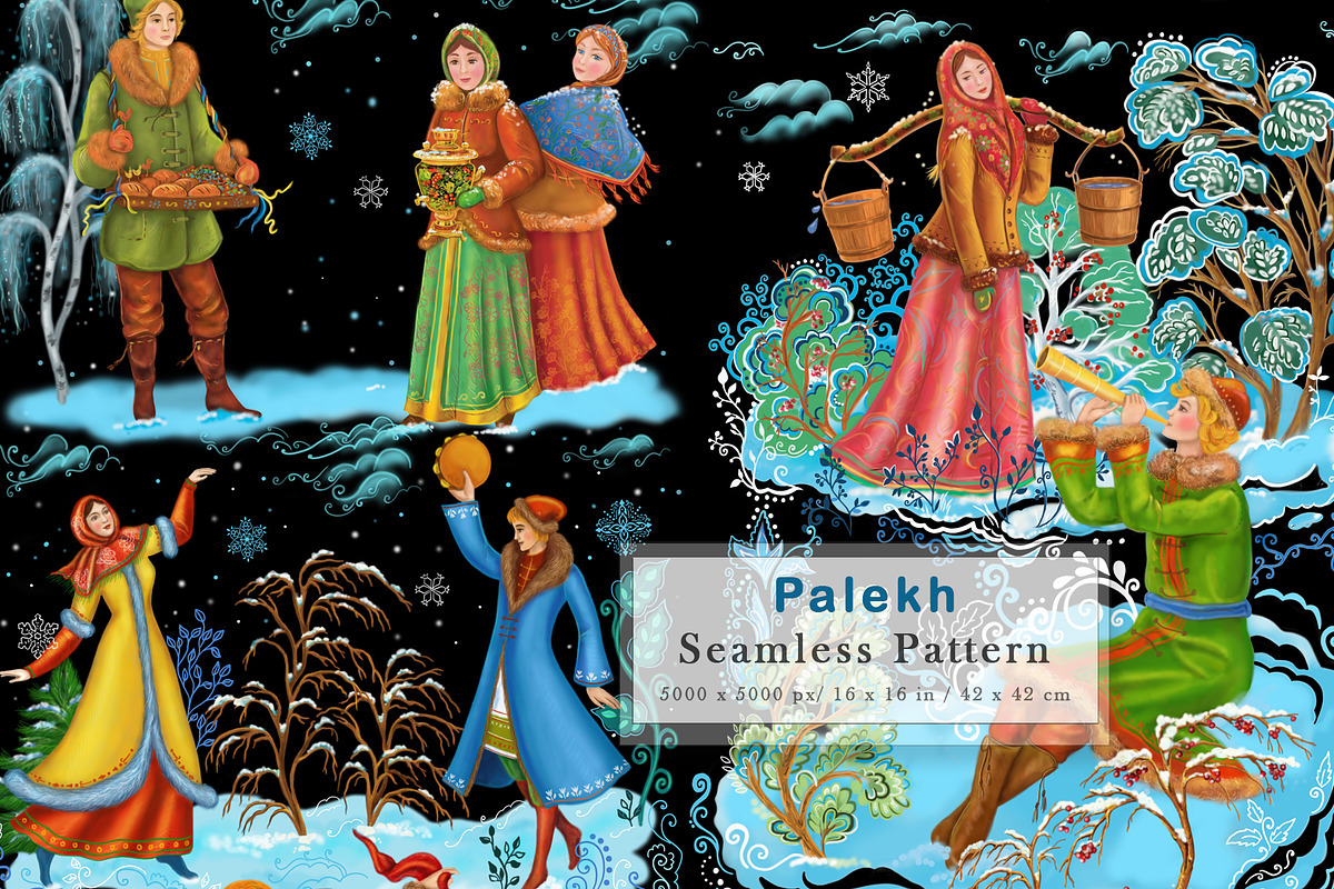 Palekh folk winter seamless pattern, a Pattern Graphic by Alena Lazareva (Photo 1 of 9)