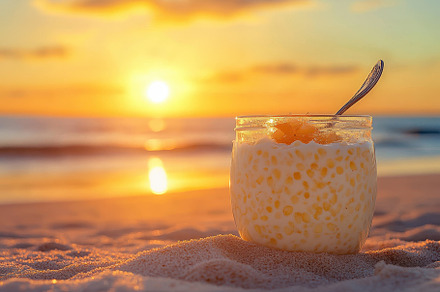 Tapioca pudding jar sits on sandy be, a Photo by Iftikhar Alam