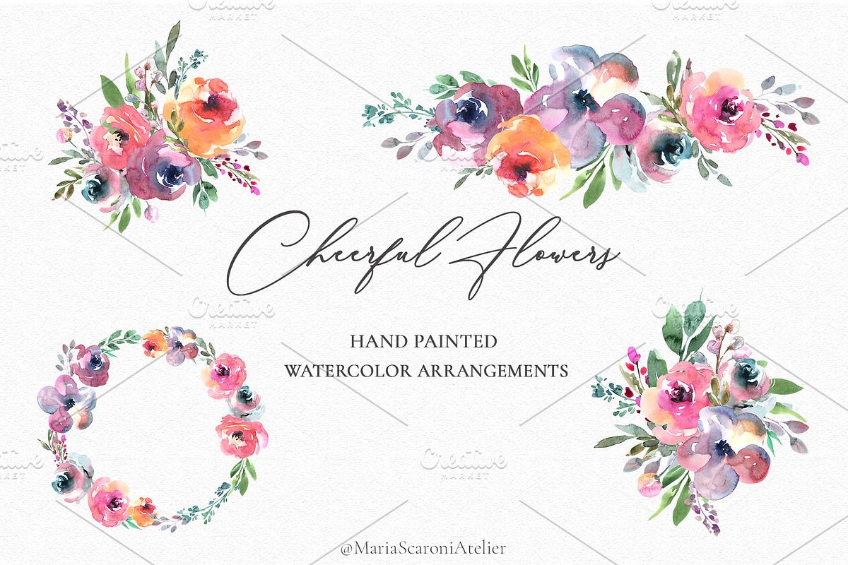 Cheerful Flowers-Watercolor Clipart, a Decorative Illustration by MariaScaroniAtelier (Photo 3 of 7)
