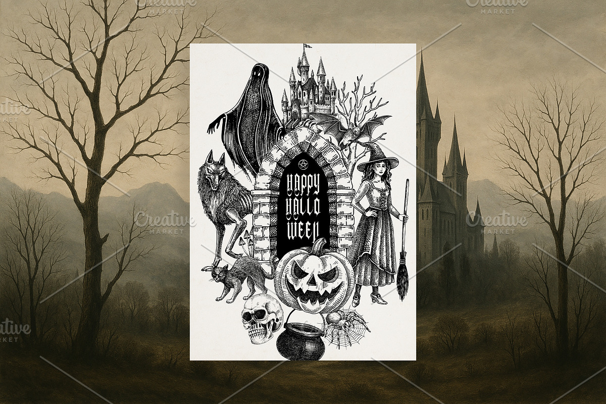 Gothic Halloween Hand Drawn Vectors, a Seasonal Illustration by Yevheniia (Photo 2 of 14)