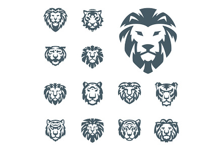 Tiger and lions vector head face silhouette badge strength predator power wildcat illustration power animal, an Animal Illustration by RocketArt