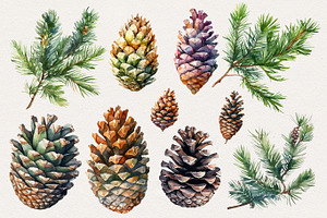 Fir Cones Watercolor Clipart. AI