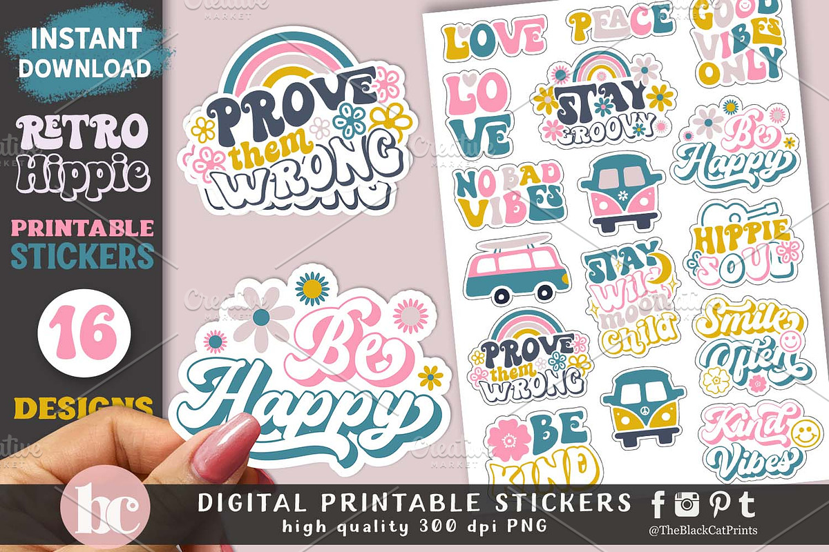 Retro Hippie 60s 70s Stickers Pack, a Decorative Illustration by TheBlackCatPrints (Photo 2 of 2)
