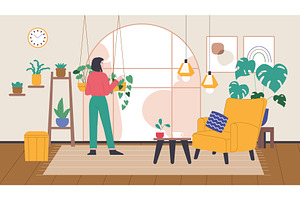 Woman care plants in cozy room, a Person Illustration by LadadikArt