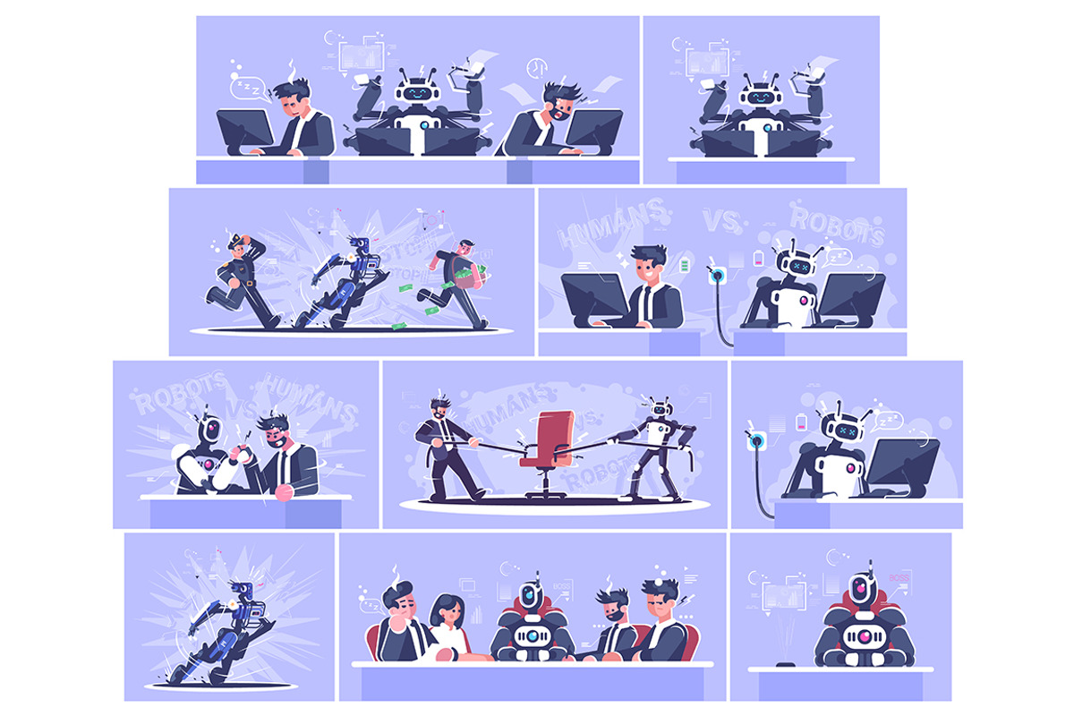 Robot vs human illustrations set, a Person Illustration by bsd studio ...