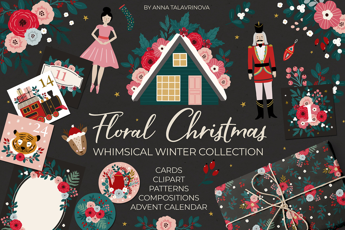 Floral Christmas clipart & pattern, an Animal Illustration by Cozy pattern shop (Photo 1 of 14)