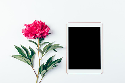 Flat lay electronic tablet with empty screen next to beautiful f, a Technology Photo by progressman