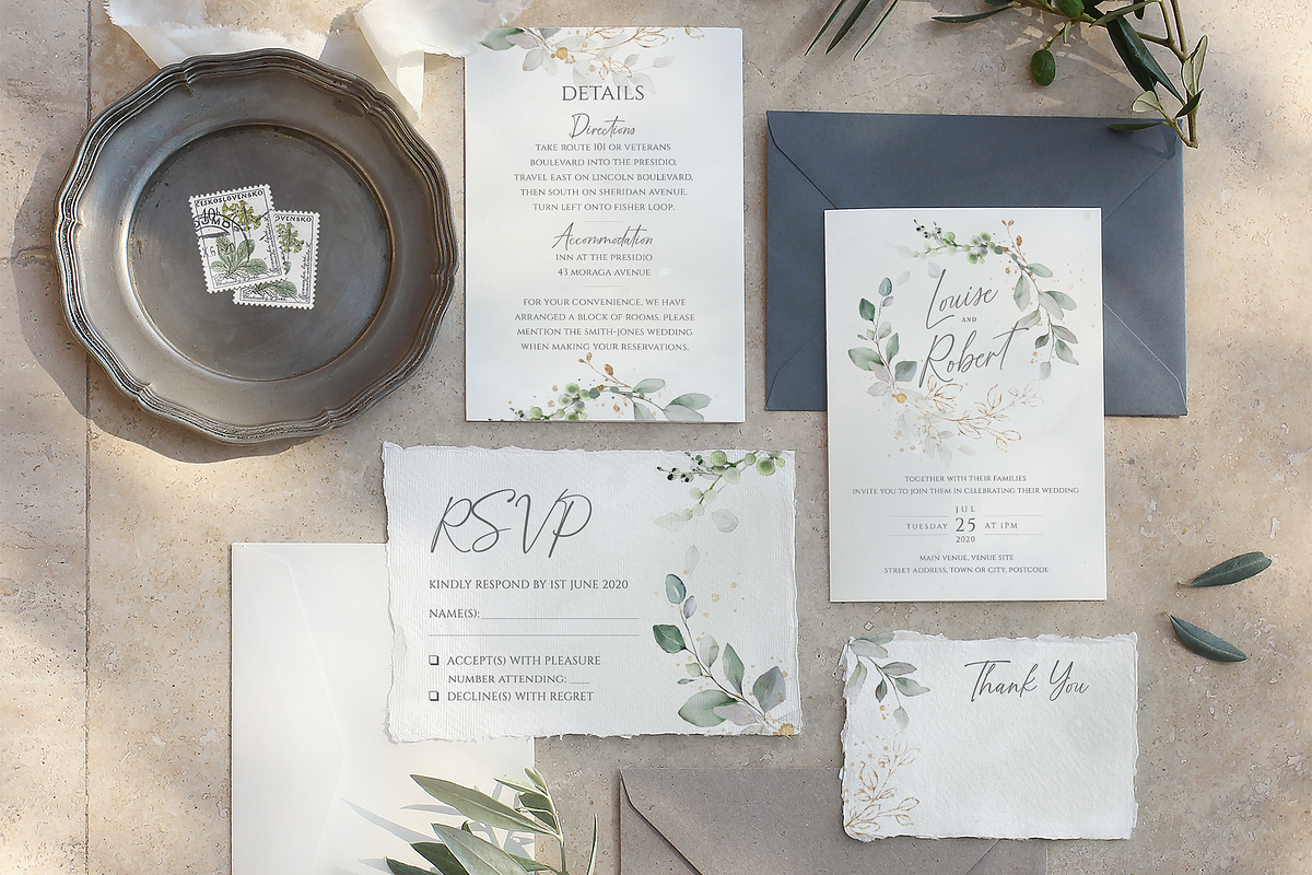 Watercolour & gold wedding suite, an Invitation Template by R Whitehurst Design (Photo 2 of 6)