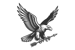 Flying Eagle Holding Arrow engraving, an Animal Illustration by AlexArt