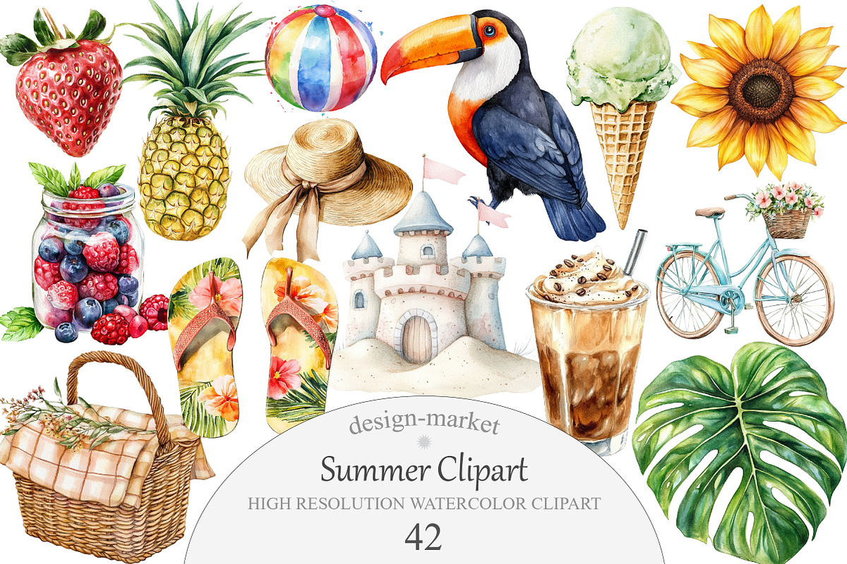 Watercolor Summer Clipart, an Illustration by Design Market (Photo 1 of 5)