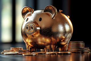 Golden piggy bank surrounded by coin, a Photo by Tanuart