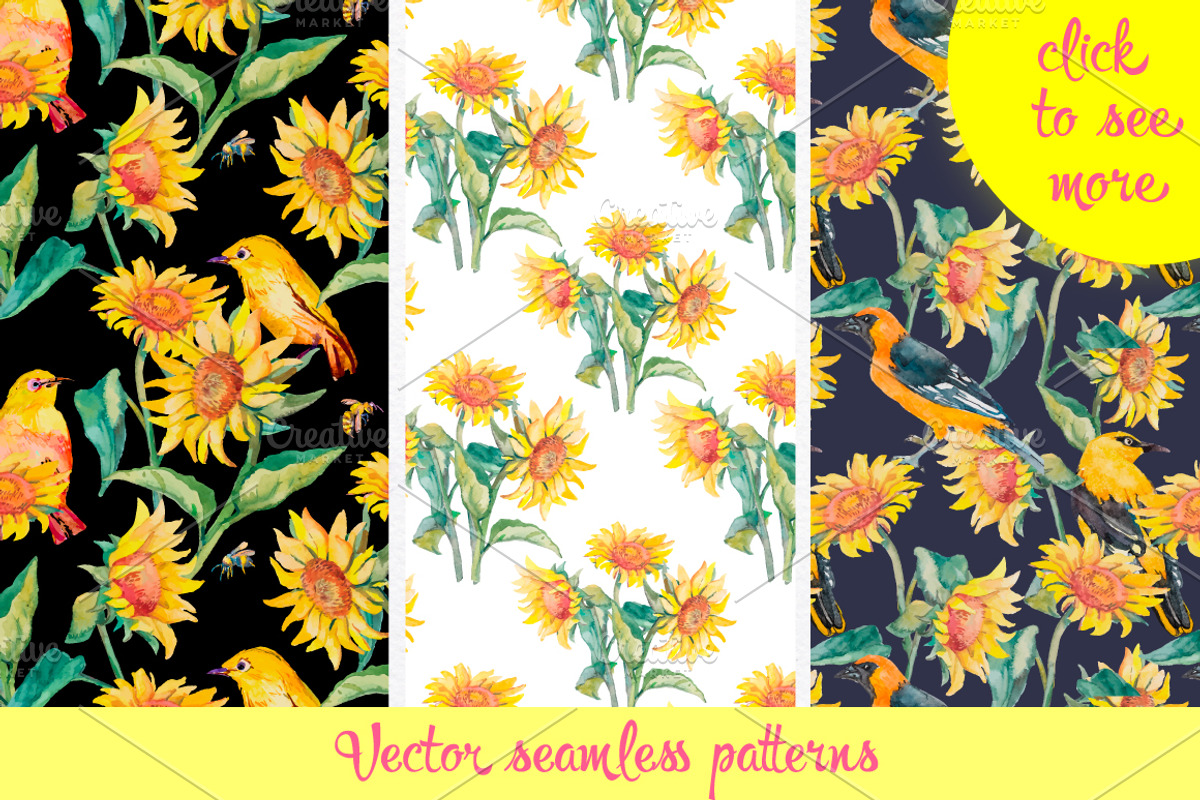 Watercolor sunflower patterns, an Illustration by Elizaveta (Photo 2 of 5)