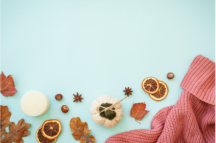 Autumn background on blue. Flat lay., a Holiday Photo by Nadia-nb